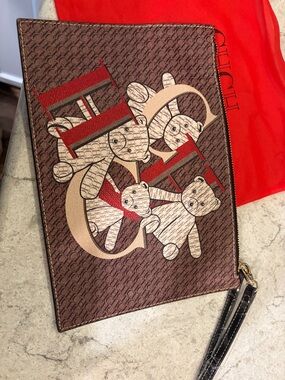Carolina Herrera Brown Logo Teddy Bear Print Wristlet Clutch with Red Accents